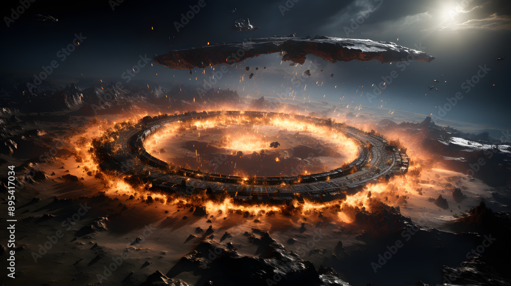 Poster a fiery ring of flames encircles an alien landscape in this epic sci-fi scene. sparks and debris rai