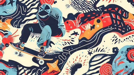 Hand drawn skateboarding seamless pattern. skateboard background. Skateboarding doodle illustration. Vector illustration. 