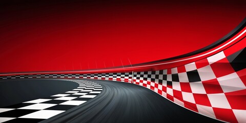 A red and black checkered race track with a red background
