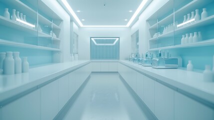 Obraz premium A very clean and sterile white room with a blue ceiling and white shelves