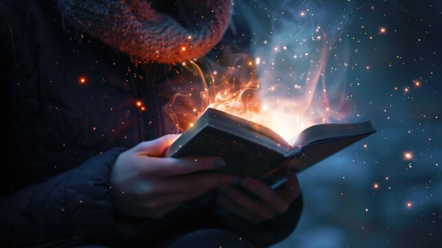 A magical book glowing with light, held by a person in a cozy scarf and jacket. Perfect for fantasy, mystery, and storytelling themes.