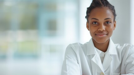 A woman in a white lab coat is smiling for the camera