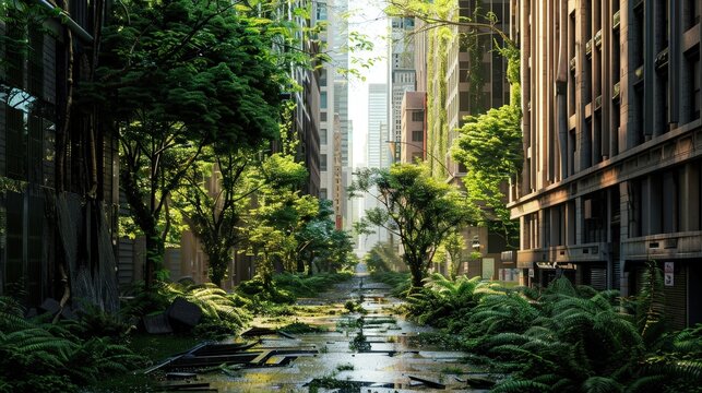 Abandoned city street overgrown with lush vegetation, depicting a post-apocalyptic or rewilding urban environment.