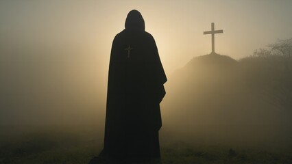 Generative AI, A hooded figure with a cross in a dimly lit space, symbolizing mystery, faith, and spiritual authority