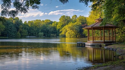 Fototapeta premium A wooden gazebo sits by a calm lake in a lush green park providing a peaceful setting for outdoor events and relaxing summer afternoons.