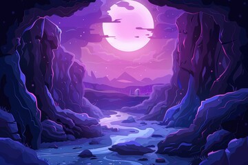 Mystical canyon landscape with river, full moon, and starry sky