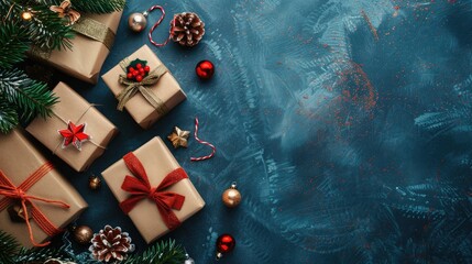 Assorted Christmas gift boxes and decorations with pine tree. Top view.