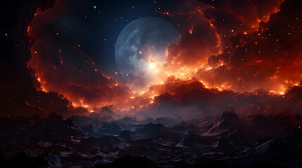 A fiery, alien landscape stretches across the horizon, lit by a bright, moon-like celestial body. The scene is awash in red and orange hues, with a blanket of clouds forming a dramatic backdrop. 