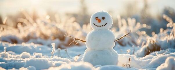 A traditional snowman with coal eyes and a smile, standing in a field blanketed by deep winter snow, epitomizing midwinter fun