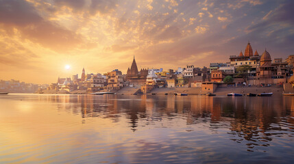 Varanasi city with ancient architecture. View of the holy Manikarnika ghat at Varanasi India at sunset 