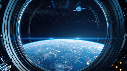 Breathtaking view of Earth from a space station, showcasing a vibrant planet against the infinite cosmos, emphasizing the beauty of space.