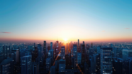 Stunning cityscape at sunrise, showcasing skyscrapers illuminated by the warm glow of the morning sun against a clear blue sky.