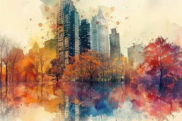 Photo sur Plexiglas A watercolor painting of a skyscraper and a river, blending the urban landscape with the natural world.