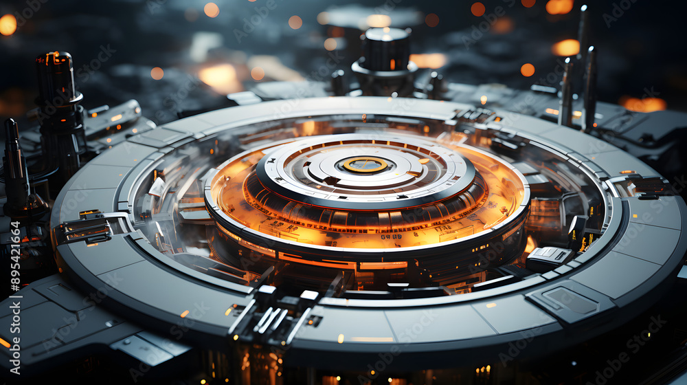 Poster A close-up of a futuristic circular technological device with glowing orange lights. The device appears to be a component of a larger machine.