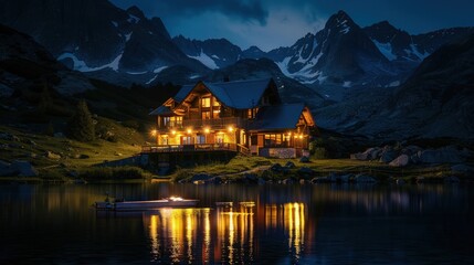 Naklejka premium Night lights of a lake house in the mountains. Mountain lake house lights