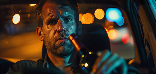 This image portrays a dangerous drunk driving concept, showing a man under the influence of alcohol while holding a wine bottle. The photo provides ample space for adding text or captions.