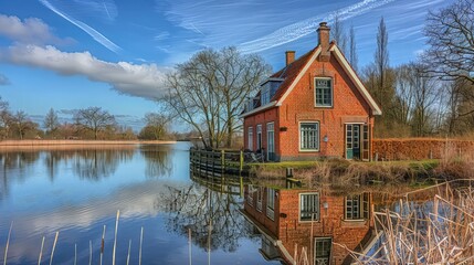 Fototapeta premium Scenic Red Brick House by Lake – Serene Countryside Landscape with Reflections, Blue Sky, and Rustic Charm.