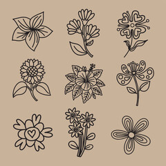 Summer tropical doodle hand draw flower set vector and illustration