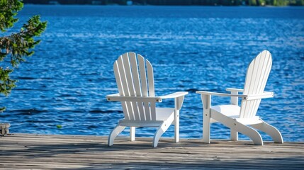 Two white lawn chairs placed on a wooden dock beside a blue lake offer a peaceful scene for summer vacation or holiday travel advertising.