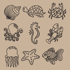 Fototapeta premium Aquatic animals set vector and illustration