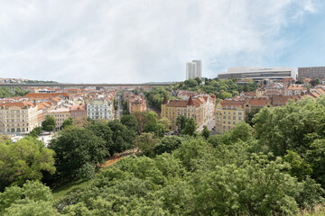 View  of Prague from fortress wall of Vysehrad district in Prague in the Czech Republic