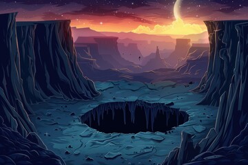 Mysterious chasm in a surreal canyon landscape with a starry night sky and crescent moon