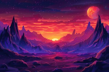 Naklejka premium Mystical landscape with vibrant sunset and starry sky
