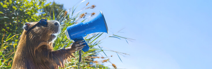 Capybara wearing sunglasses holding a blue megaphone outdoors