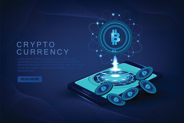 Fototapeta premium Bitcoin and other cryptocurrency on 3D mobile phone. E-wallet with bitcoins for stock market trading, payment