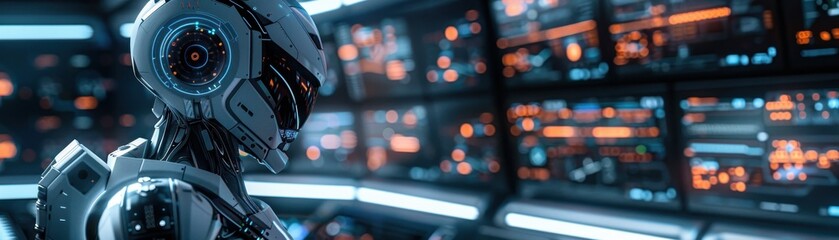 Futuristic Robot in High-Tech Control Room with Multiple Digital Screens and Holographic Interfaces