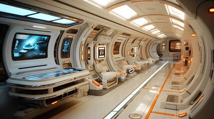 Obraz premium A futuristic space shuttle or spaceship interior with sleek, white walls, glowing orange lights, and rows of seats. The design is modern, minimalist, and gives a sense of clean, advanced technology.