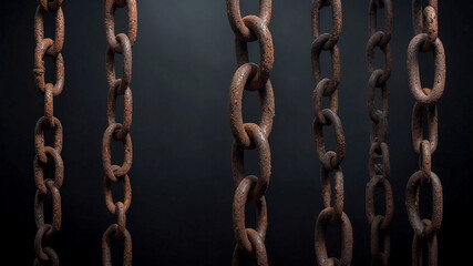 Fototapeta premium rusted chains hanging against a dark background. The rust should be detailed and textured, with flakes and layers showing the passage of time