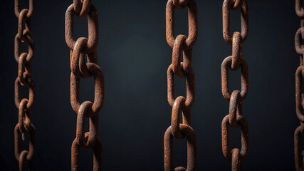 Obraz premium rusted chains hanging against a dark background. The rust should be detailed and textured, with flakes and layers showing the passage of time