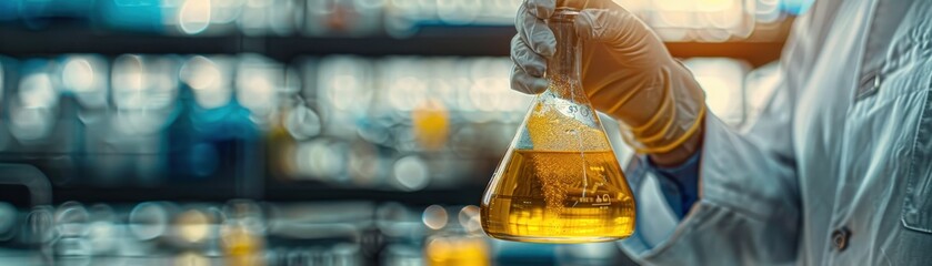 Scientist Holding a Flask with Yellow Liquid in a Laboratory Setting with Blurred Background