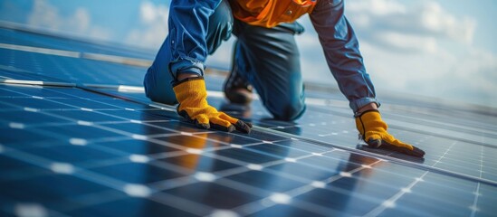 Technician Installing Solar Panels on Rooftop Under Clear Blue Sky for Renewable Energy Production