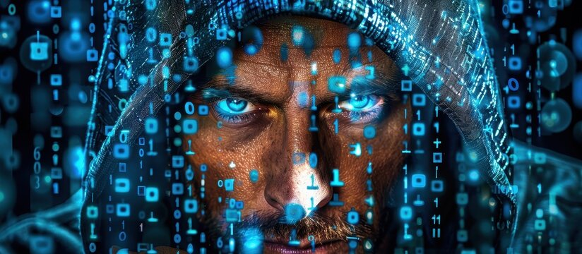 Intense Hacker in Hooded Jacket Surrounded by Digital Binary Code and Futuristic Interface