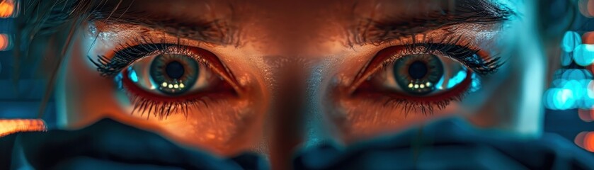 Obraz premium Close-up of Futuristic Eyes with Neon Reflections in a Cyberpunk Setting