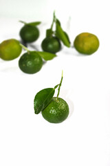 Stacked kaffir limes on a white background