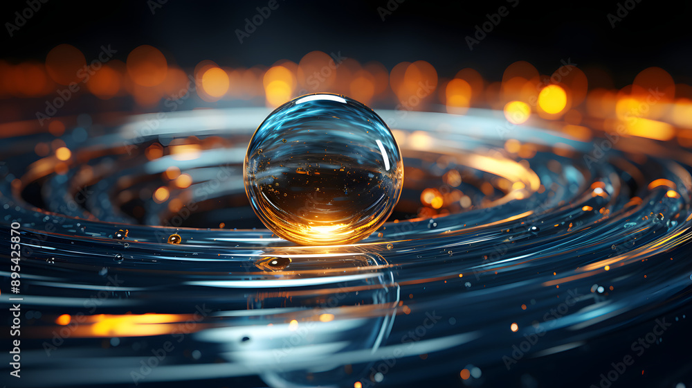 Poster a single, clear glass orb rests atop a swirling pool of liquid. the orb appears to be floating, crea