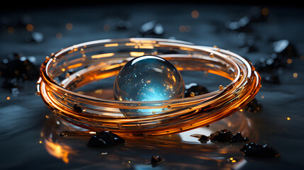 A blue glass sphere rests in the center of a swirling orange metal ring. The ring glows, giving off an ethereal light. 