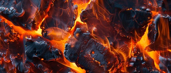 Panoramic close-up, high detail scan of hot fire texture, Generative AI