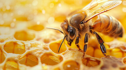 Naklejka premium A Bee's Perspective: A Macro View of Honeycomb's Golden Maze