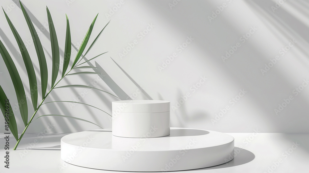 Poster a minimalist white pedestal with shadows from palm leaves, creating a clean and modern display setup