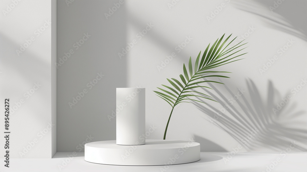 Poster a minimalist white pedestal with shadows from palm leaves, creating a clean and modern display setup