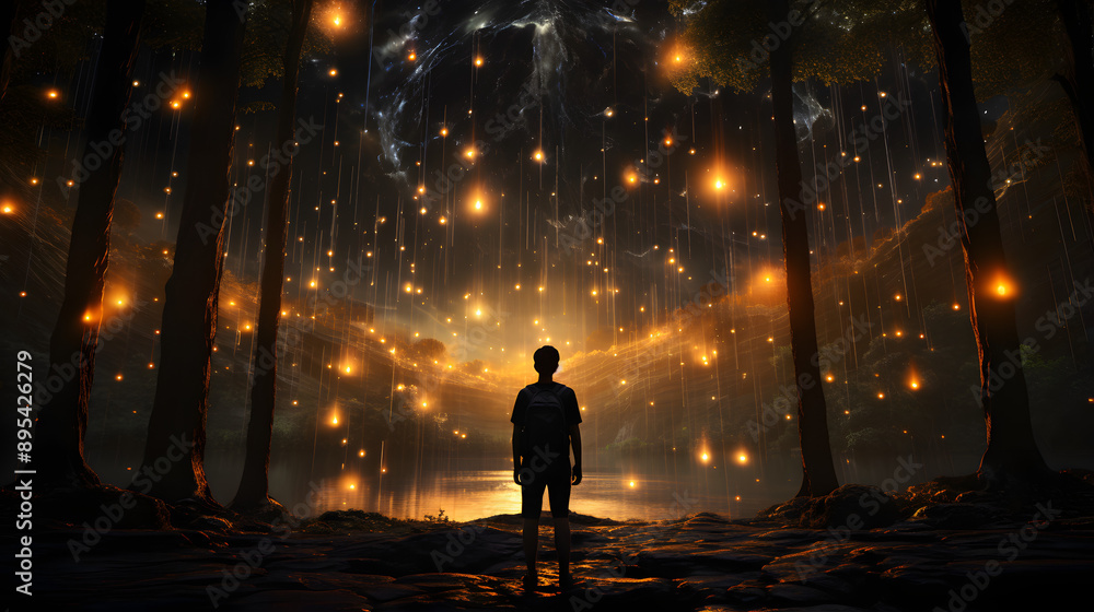 Poster a lone figure stands in a dark forest, illuminated by a mesmerizing display of glowing lights suspen