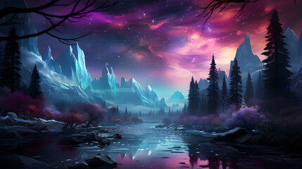 A magical, mystical landscape of towering ice mountains, a dark forest, and a winding river reflects the night sky in an ethereal glow.