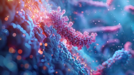 A close-up view of a receptor protein embedded in a cell membrane, with hormone molecules binding to specific sites on the receptor, triggering a cellular response.