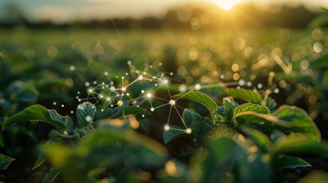 A conceptual image of a molecular structure of a herbicide, superimposed over a field of crops, illustrating its use in agriculture.