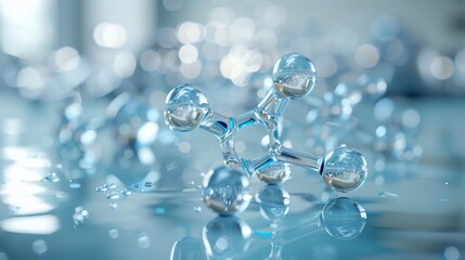 A detailed 3D rendering of a water molecule (H2O), showing the arrangement of hydrogen and oxygen atoms, with a focus on the bond angles and molecular structure.