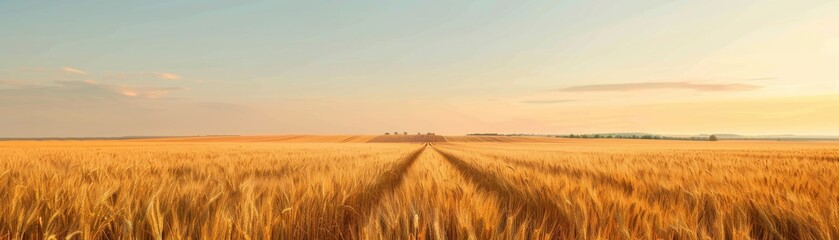 Fototapeta premium Golden wheat field at sunset with dramatic sky.
